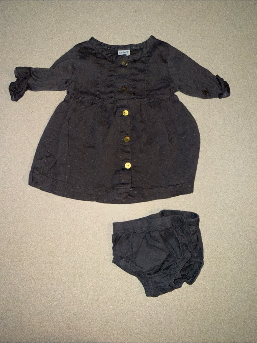 Carter’s girls size 3 months gray/gold polka dot dress with matching bloomers